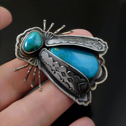 Vintage Sterling Silver Turquoise Spider Insect Bug Handcrafted Brooch Pin